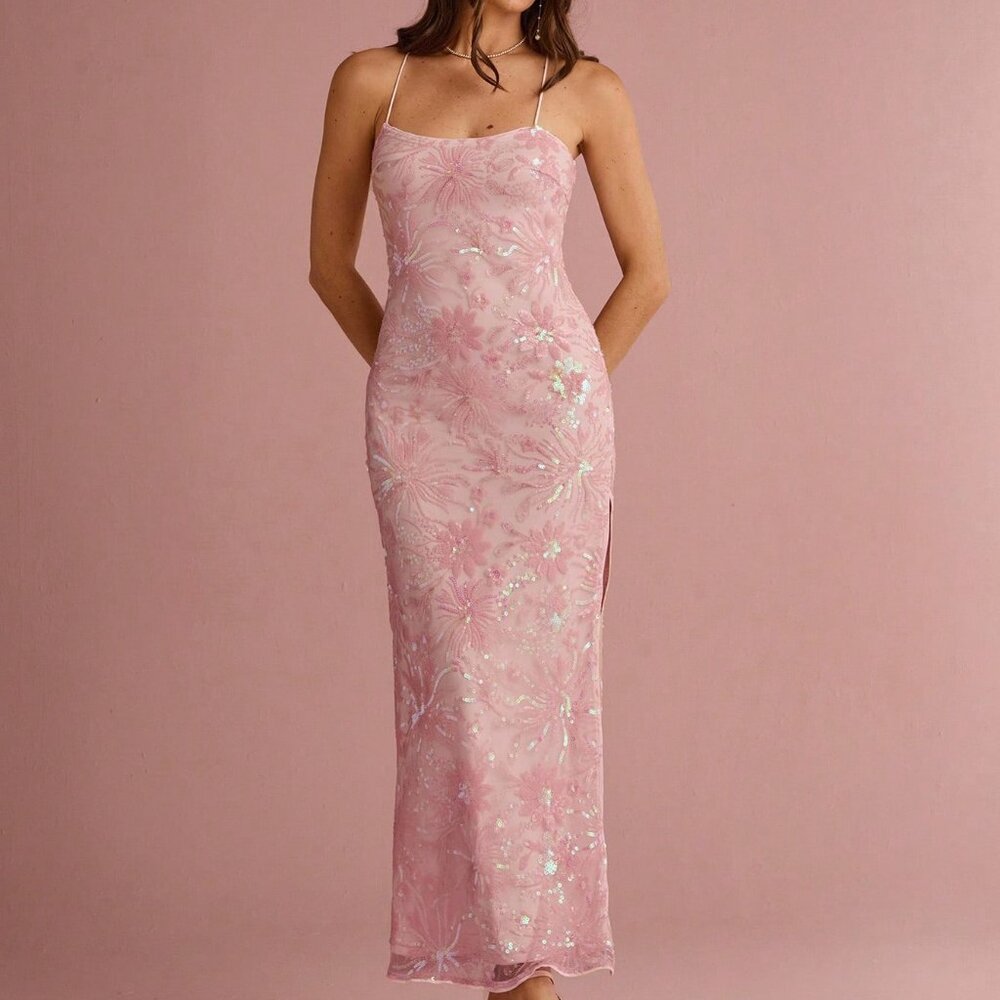 Pink Elegant Women's Pastel Floral Mermaid Maxi Dress - Picture 5 of 7